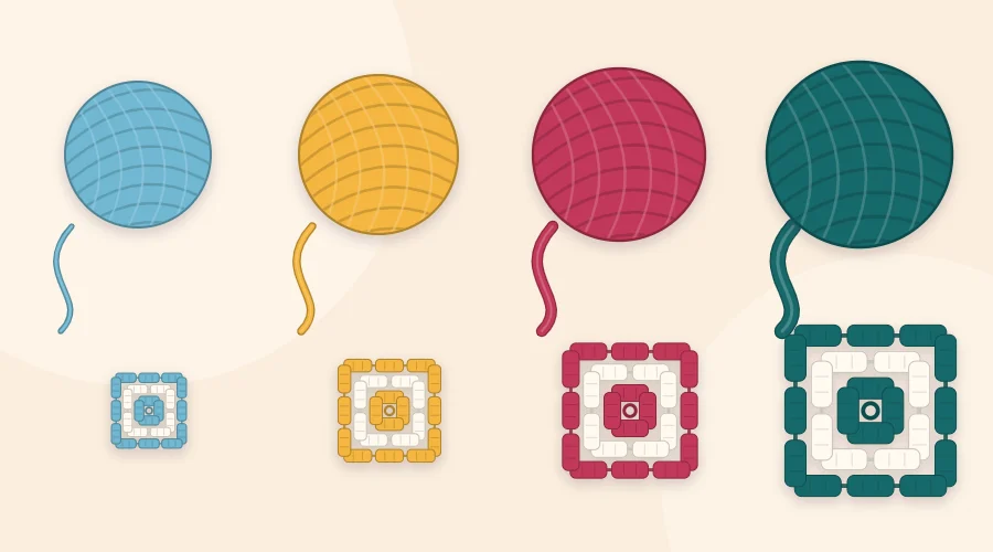 Four balls of yarn with strands from thin to thick, each next to a granny square that is larger than the one before
