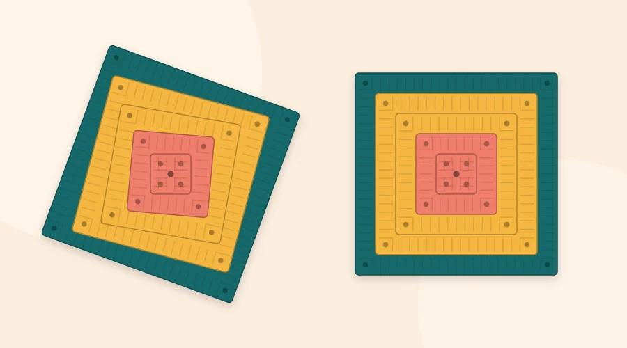 A granny square whose rounds lean in one direction like a pinwheel beside a square with straight, aligned rounds