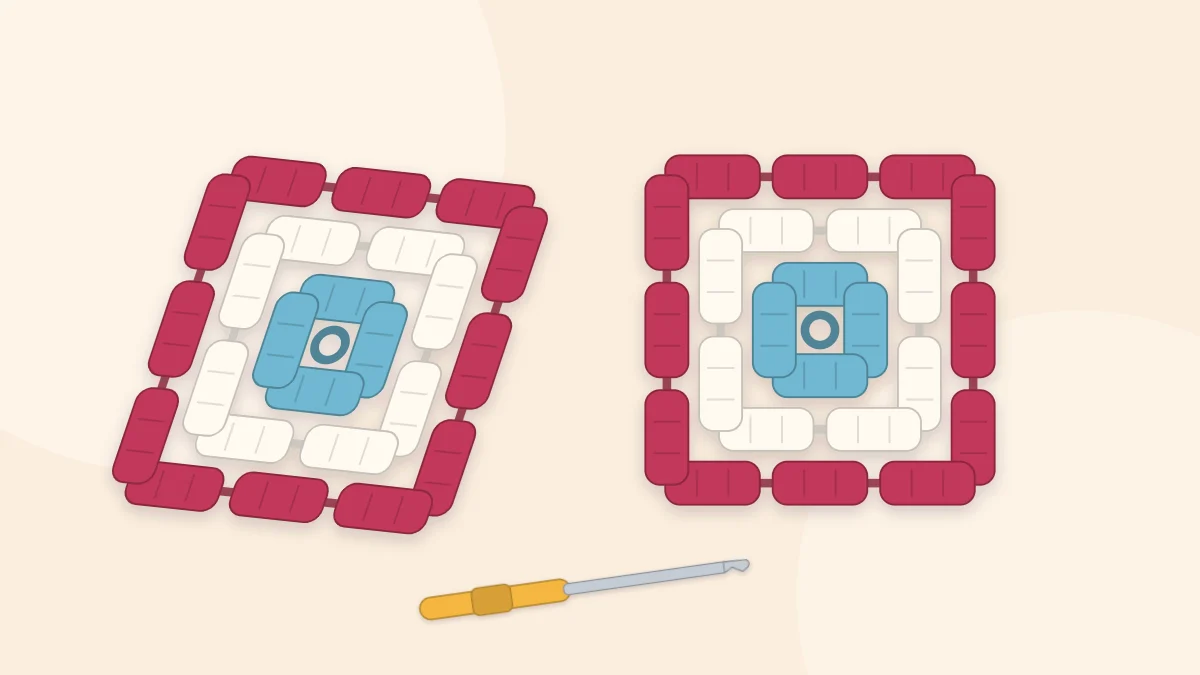 A slightly crooked granny square lying beside a neat, even granny square and a crochet hook