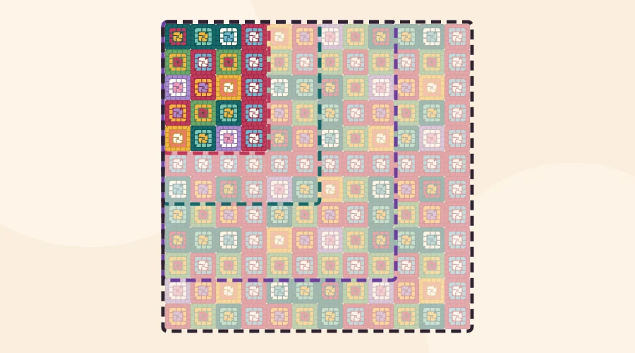 Four nested blanket outlines of increasing size, for baby, throw, twin and queen, each drawn as a grid of squares