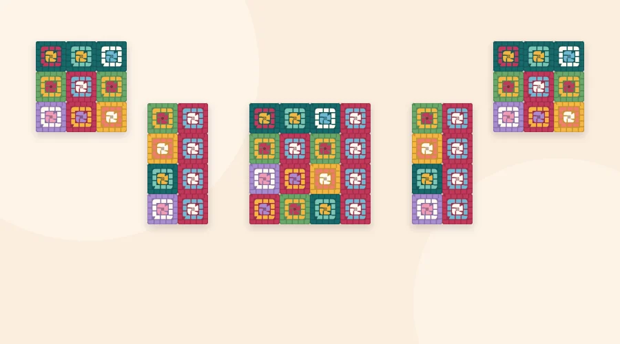 Flat layout diagram of a cardigan drawn as grids of squares: a wide back panel, two narrow front panels and two sleeve panels
