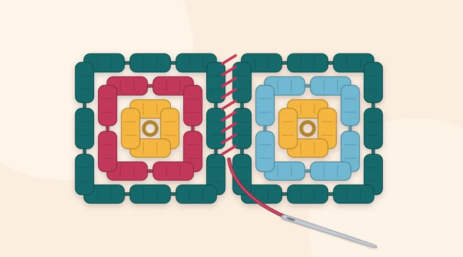 Two granny squares side by side with a yarn needle whip stitching through the loops along the shared edge