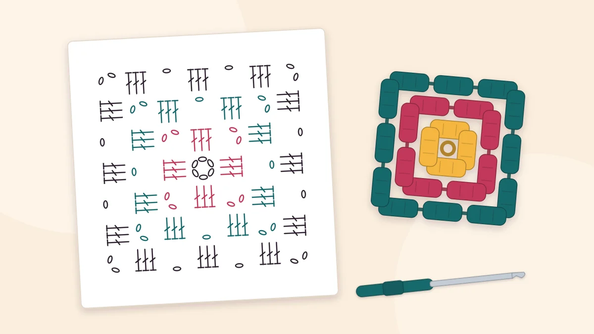 Crochet symbol chart of a granny square beside a small finished granny square and a crochet hook