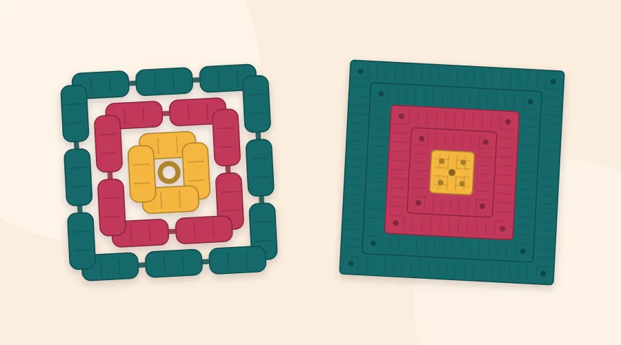 A classic granny square with open gaps between its clusters beside a solid granny square with a closed, even fabric