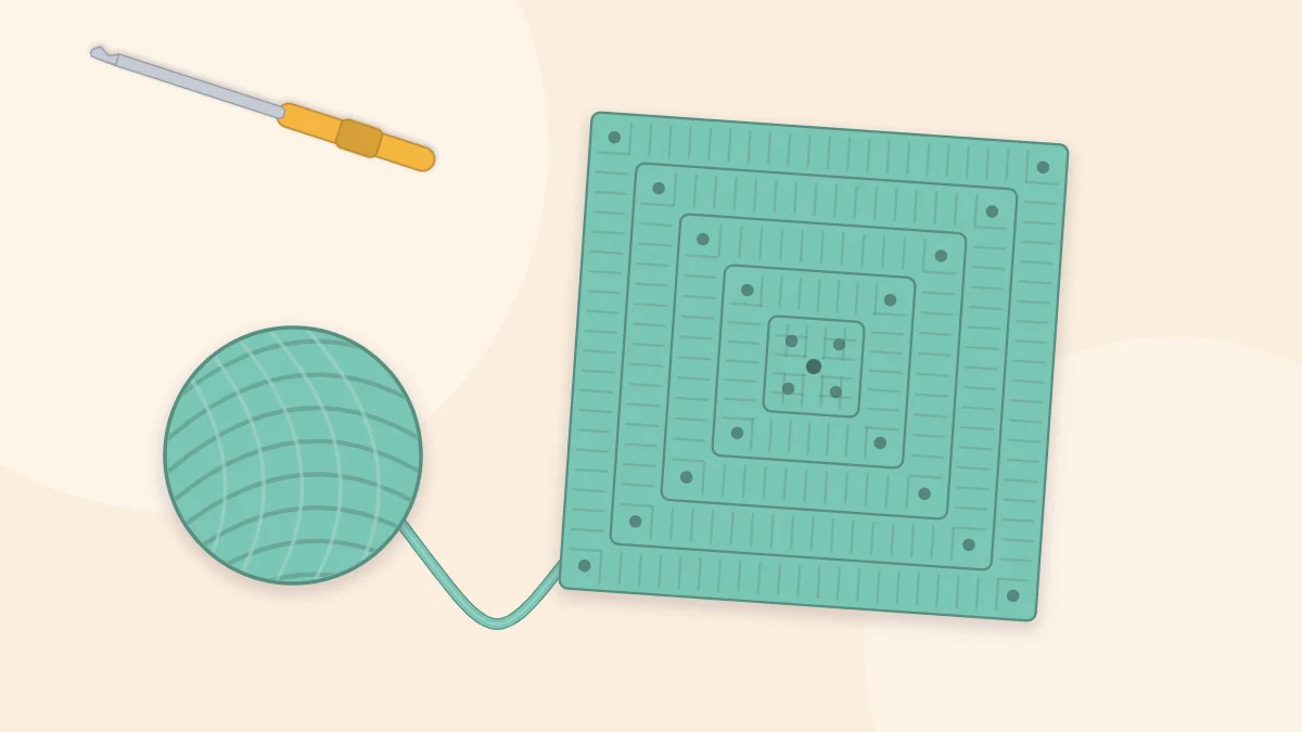 A solid single-color granny square with a crochet hook and a ball of matching yarn