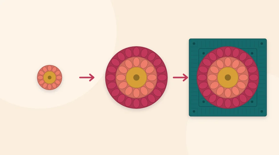 Three stages of a sunburst granny square: a small round center, a larger circle with a round of clusters, and the finished circle framed as a square