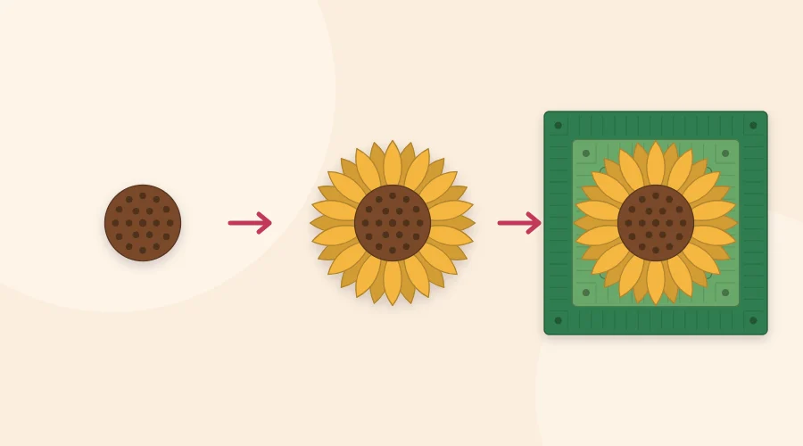 Three stages of a sunflower granny square: a brown textured center, the center with twelve pointed yellow petals, and the finished square with a green frame