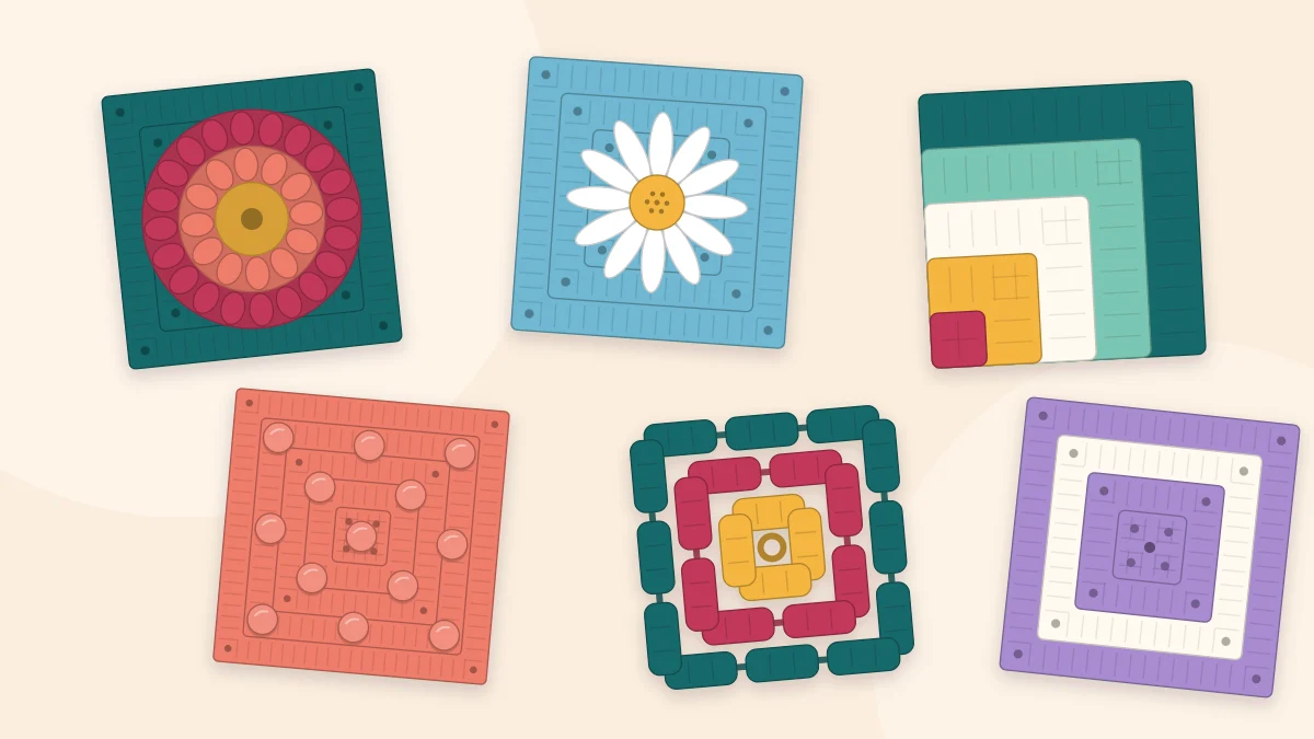 A tidy arrangement of several different granny squares in a mix of colors and styles